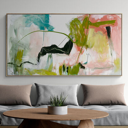 bold textured marks in pink, olive and lime green, white, and  grey pencil expressive marks across a large canvas