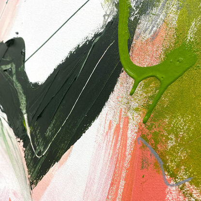 bold textured marks in pink, olive and lime green, white, and  grey pencil expressive marks across a large canvas