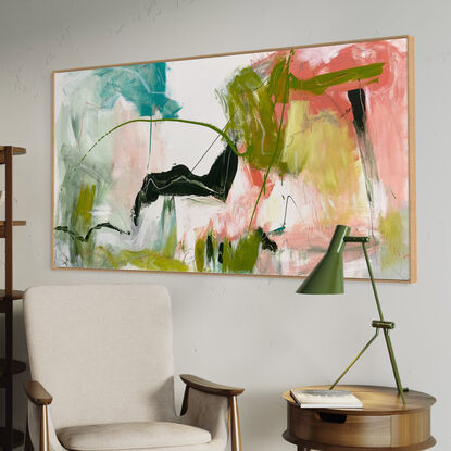 bold textured marks in pink, olive and lime green, white, and  grey pencil expressive marks across a large canvas