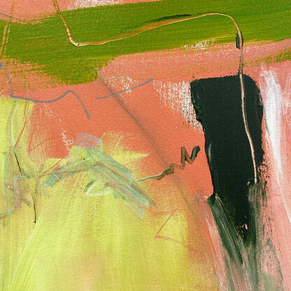 bold textured marks in pink, olive and lime green, white, and  grey pencil expressive marks across a large canvas