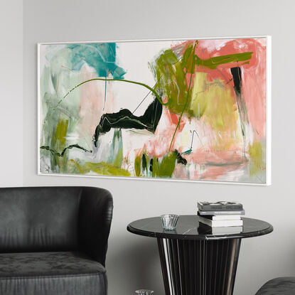 bold textured marks in pink, olive and lime green, white, and  grey pencil expressive marks across a large canvas