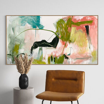 bold textured marks in pink, olive and lime green, white, and  grey pencil expressive marks across a large canvas