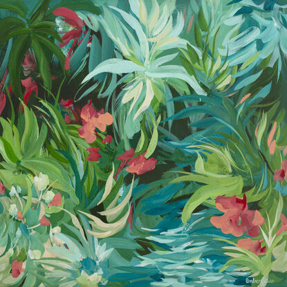 Original acrylic landscape painting of green tropical leaves with a river and red hibiscus flowers in a modern expressive style