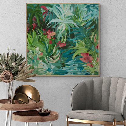 Original acrylic landscape painting of green tropical leaves with a river and red hibiscus flowers in a modern expressive style