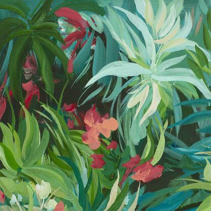 Original acrylic landscape painting of green tropical leaves with a river and red hibiscus flowers in a modern expressive style