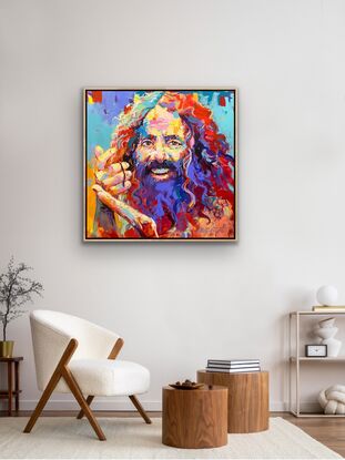 Portrait of man with big beard holding worms in his hand in vibrant colours. 