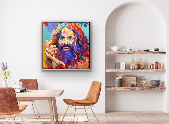 Portrait of man with big beard holding worms in his hand in vibrant colours. 