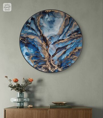 This abstract painting makes a statement with its dramatic form and soft tones. Highlighted with brass golden elements that capture the light to bring class to a modern room. 