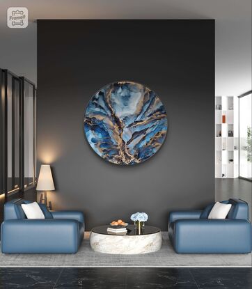 This abstract painting makes a statement with its dramatic form and soft tones. Highlighted with brass golden elements that capture the light to bring class to a modern room. 