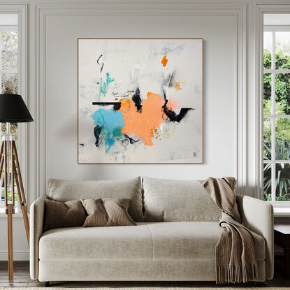 Large abstract of textured acrylic paint, ink, charcoal & pastel on a weathered ground of earthy, warm eggshell gray with light teal/blue, vibrant  peach/terracotta with 'narrative' black linework.