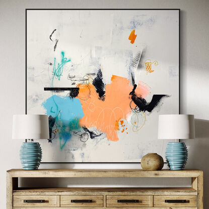 Large abstract of textured acrylic paint, ink, charcoal & pastel on a weathered ground of earthy, warm eggshell gray with light teal/blue, vibrant  peach/terracotta with 'narrative' black linework.