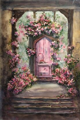 Pink door in old ramshackle house, looking out towards misty garden

Pink door with roses