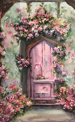 Pink door in old ramshackle house, looking out towards misty garden

Pink door with roses