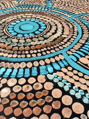 Aboriginal artwork depicting  the rivers and waterholes of my Country and their movement - the colours depict water, river rocks and stones and the muddy river banks