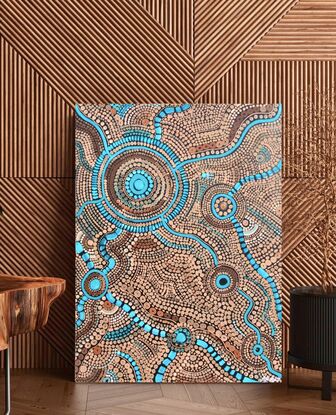 Aboriginal artwork depicting  the rivers and waterholes of my Country and their movement - the colours depict water, river rocks and stones and the muddy river banks