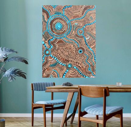 Aboriginal artwork depicting  the rivers and waterholes of my Country and their movement - the colours depict water, river rocks and stones and the muddy river banks