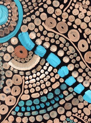 Aboriginal artwork depicting  the rivers and waterholes of my Country and their movement - the colours depict water, river rocks and stones and the muddy river banks