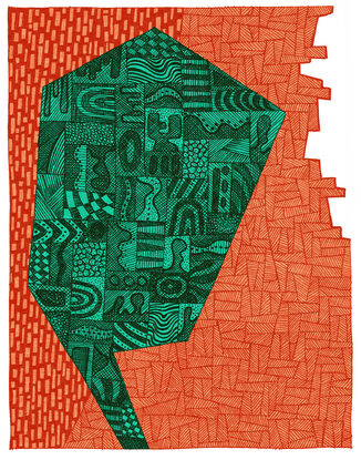 Green / Aqua and Burnt Orange abstracted silhouette portrait against an orange patterned background 