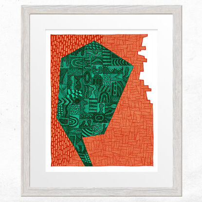 Green / Aqua and Burnt Orange abstracted silhouette portrait against an orange patterned background 