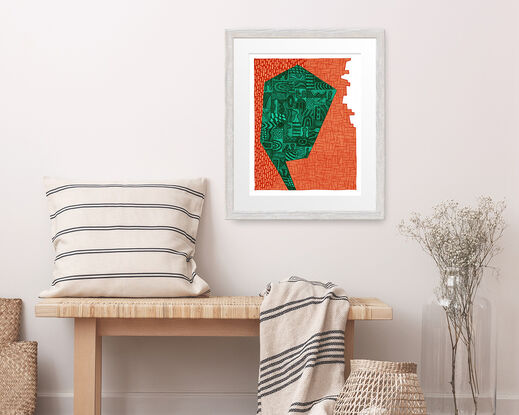 Green / Aqua and Burnt Orange abstracted silhouette portrait against an orange patterned background 