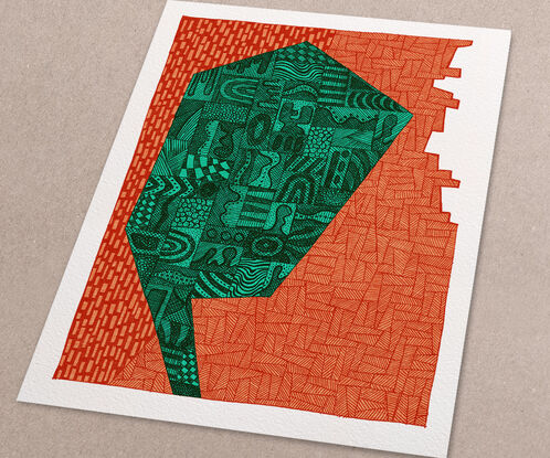 Green / Aqua and Burnt Orange abstracted silhouette portrait against an orange patterned background 