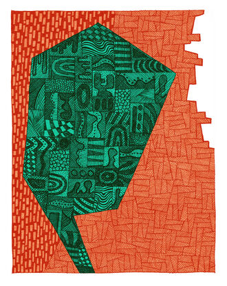 Green / Aqua and Burnt Orange abstracted silhouette portrait against an orange patterned background 