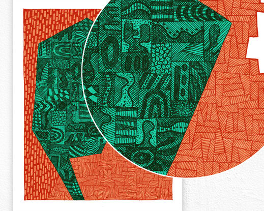 Green / Aqua and Burnt Orange abstracted silhouette portrait against an orange patterned background 