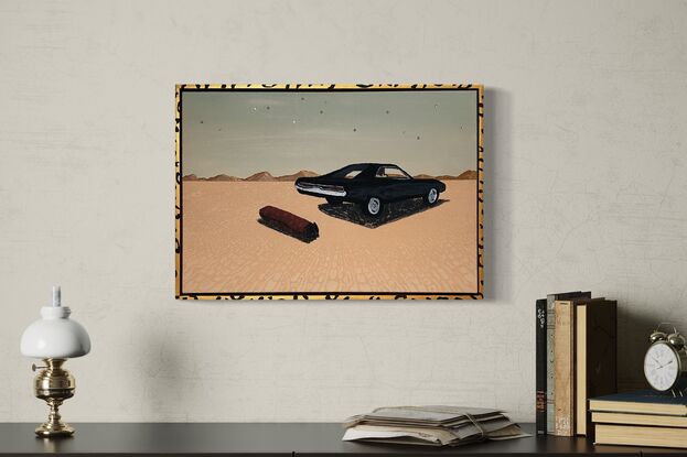 A dusty-coloured desert landscape where there appears to be lifeless black cowboy boots jutting out of a rolled up Persian carpet. Nearby, a feminine figure in a leopard print coat sits inside a 1970 Dodge Charger.