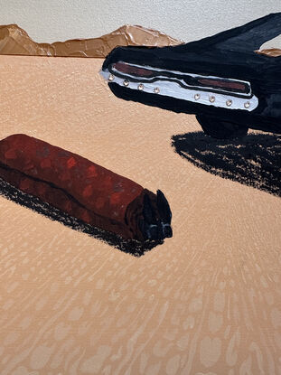 A dusty-coloured desert landscape where there appears to be lifeless black cowboy boots jutting out of a rolled up Persian carpet. Nearby, a feminine figure in a leopard print coat sits inside a 1970 Dodge Charger.