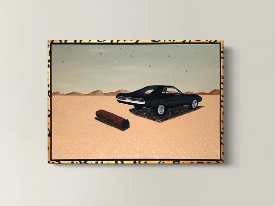 A dusty-coloured desert landscape where there appears to be lifeless black cowboy boots jutting out of a rolled up Persian carpet. Nearby, a feminine figure in a leopard print coat sits inside a 1970 Dodge Charger.