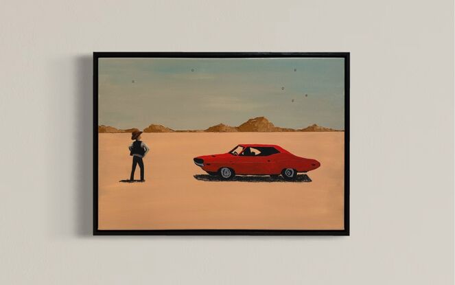 A dusty desert landscape, mountains in the backgound. In the middleground, a cowboy stands with his hands on his hips, facing a red classic car in a standoff position.