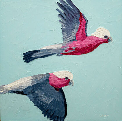 A textured oil painting of two pink galahs flying across the blue sky.