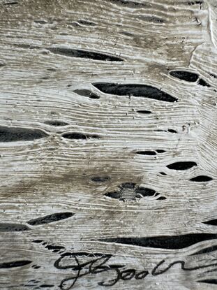 Neutral toned, texture impressions of a body of water, distant hills, high clouds and approaching rain.