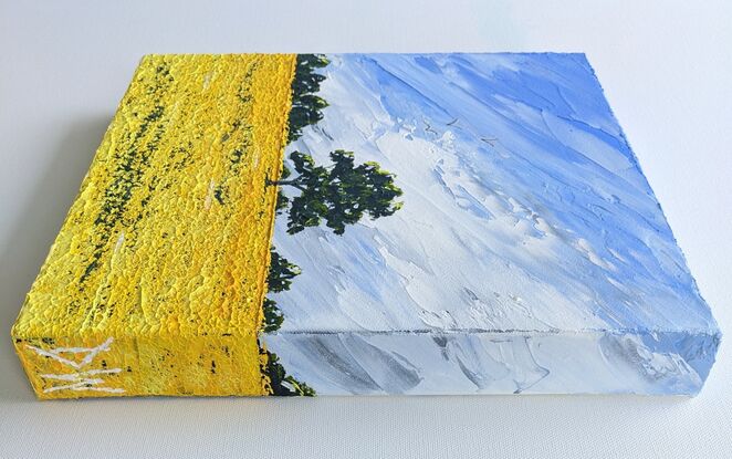 Bright yellow Australian canola field with blue skies and tree lined horizon