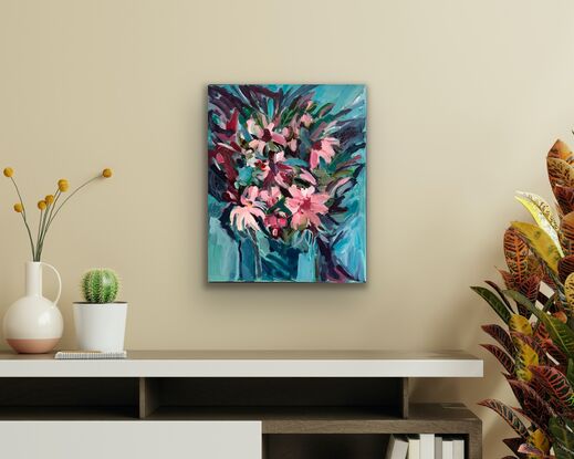 This is a semi abstract painting of flowers.  The flowers are painted expressively and brush strokes are important to this process of abstraction,  What happens colours are revealed through the brushstrokes of darker or lighter colour.   The background is a number of shades of blue green, they suggest a vase and direction of light.