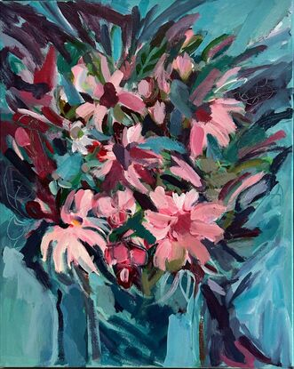 This is a semi abstract painting of flowers.  The flowers are painted expressively and brush strokes are important to this process of abstraction,  What happens colours are revealed through the brushstrokes of darker or lighter colour.   The background is a number of shades of blue green, they suggest a vase and direction of light.