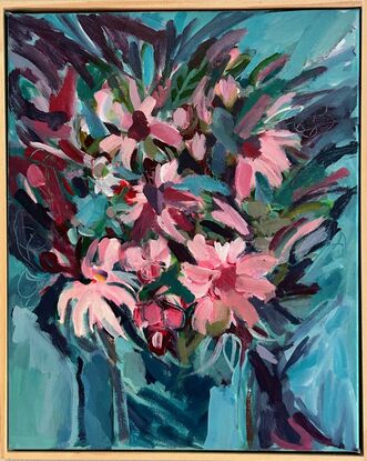 This is a semi abstract painting of flowers.  The flowers are painted expressively and brush strokes are important to this process of abstraction,  What happens colours are revealed through the brushstrokes of darker or lighter colour.   The background is a number of shades of blue green, they suggest a vase and direction of light.