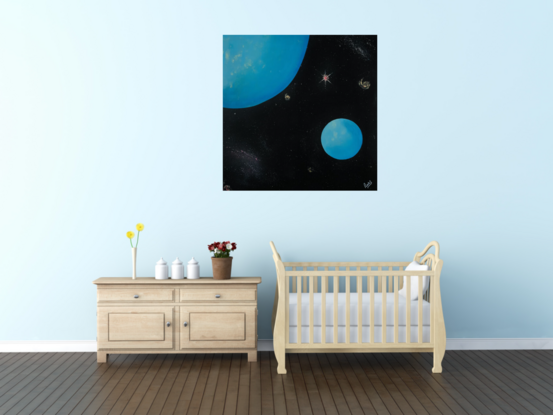 Inspired by space themed movies this abstract composition depicts a mythical twin moon scenario somewhere in the galaxy. By utilising blue pigment to enhance the visual effect of the twin moons creates a stunning impression.