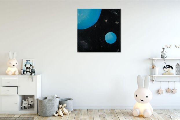 Inspired by space themed movies this abstract composition depicts a mythical twin moon scenario somewhere in the galaxy. By utilising blue pigment to enhance the visual effect of the twin moons creates a stunning impression.