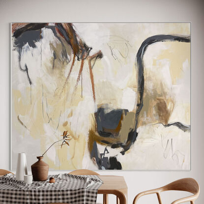 Subtle tones in warm earthy beige, cream, lemon, ochre, white, grey and terracotta combined with large expressive marks, across the canvas surface. 