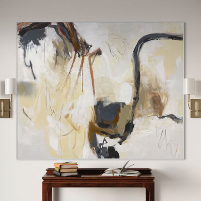 Subtle tones in warm earthy beige, cream, lemon, ochre, white, grey and terracotta combined with large expressive marks, across the canvas surface. 