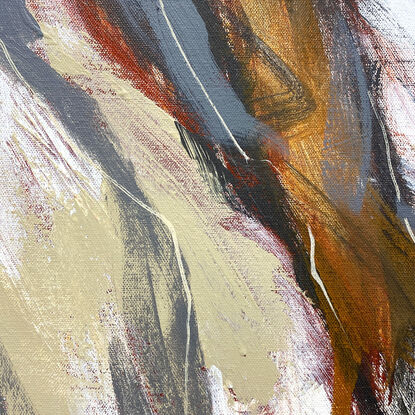 Subtle tones in warm earthy beige, cream, lemon, ochre, white, grey and terracotta combined with large expressive marks, across the canvas surface. 