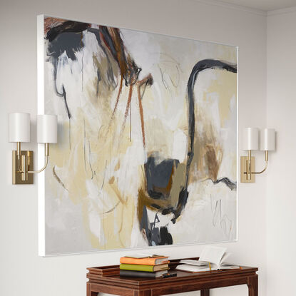 Subtle tones in warm earthy beige, cream, lemon, ochre, white, grey and terracotta combined with large expressive marks, across the canvas surface. 