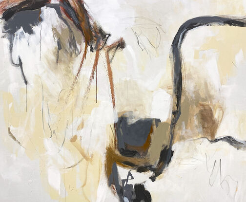 Subtle tones in warm earthy beige, cream, lemon, ochre, white, grey and terracotta combined with large expressive marks, across the canvas surface. 