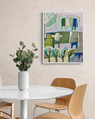 A playful landscape with quirky cows in a garden of subtle hues and a pop of blue.
A fun, joyful addition to any interior, sits beautifully with the complimentary piece displayed. 