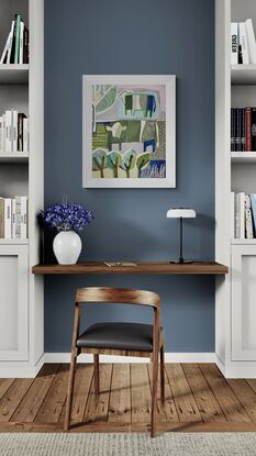 A playful landscape with quirky cows in a garden of subtle hues and a pop of blue.
A fun, joyful addition to any interior, sits beautifully with the complimentary piece displayed. 