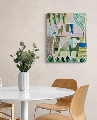 A playful landscape with quirky cows in a garden of subtle hues and a pop of blue.
A fun, joyful addition to any interior, sits beautifully with the complimentary piece displayed. 