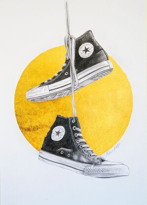 A graphite balck and white drawing of two Chuck Taylor All Star converse shoes hanging from thier shoe laces from height reminiscent of telegraph wires. Behind the shoes is a gold metallic halo. 