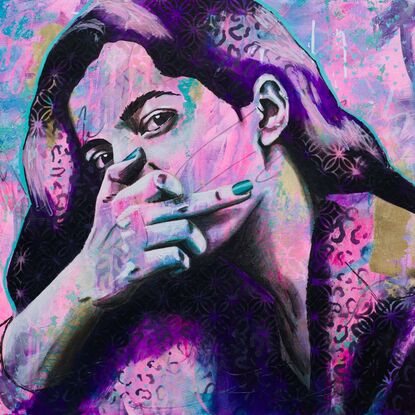 fearless pop art street art style purple painting of a black woman with texture and pattern details middle finger fuck the patiarchy blah blah blah