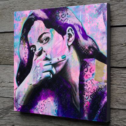 fearless pop art street art style purple painting of a black woman with texture and pattern details middle finger fuck the patiarchy blah blah blah